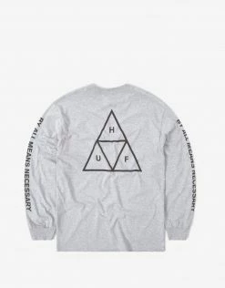 HUF Essentials Triple Triangle Long Sleeve T Shirt - Heather Grey Clothing