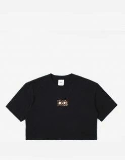 HUF Women's Leopard Bar Logo Crop T Shirt - Black Clothing