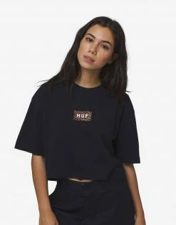 HUF Women's Leopard Bar Logo Crop T Shirt - Black Clothing
